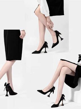 Black Heels Women's Pointy Toe Slip on Pump with Bow YDN Size 7.5
